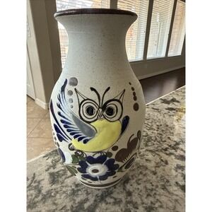 Vintage Tonala Mexican Pottery Vase Hand Painted Owl Signed Mexico Brown Bird